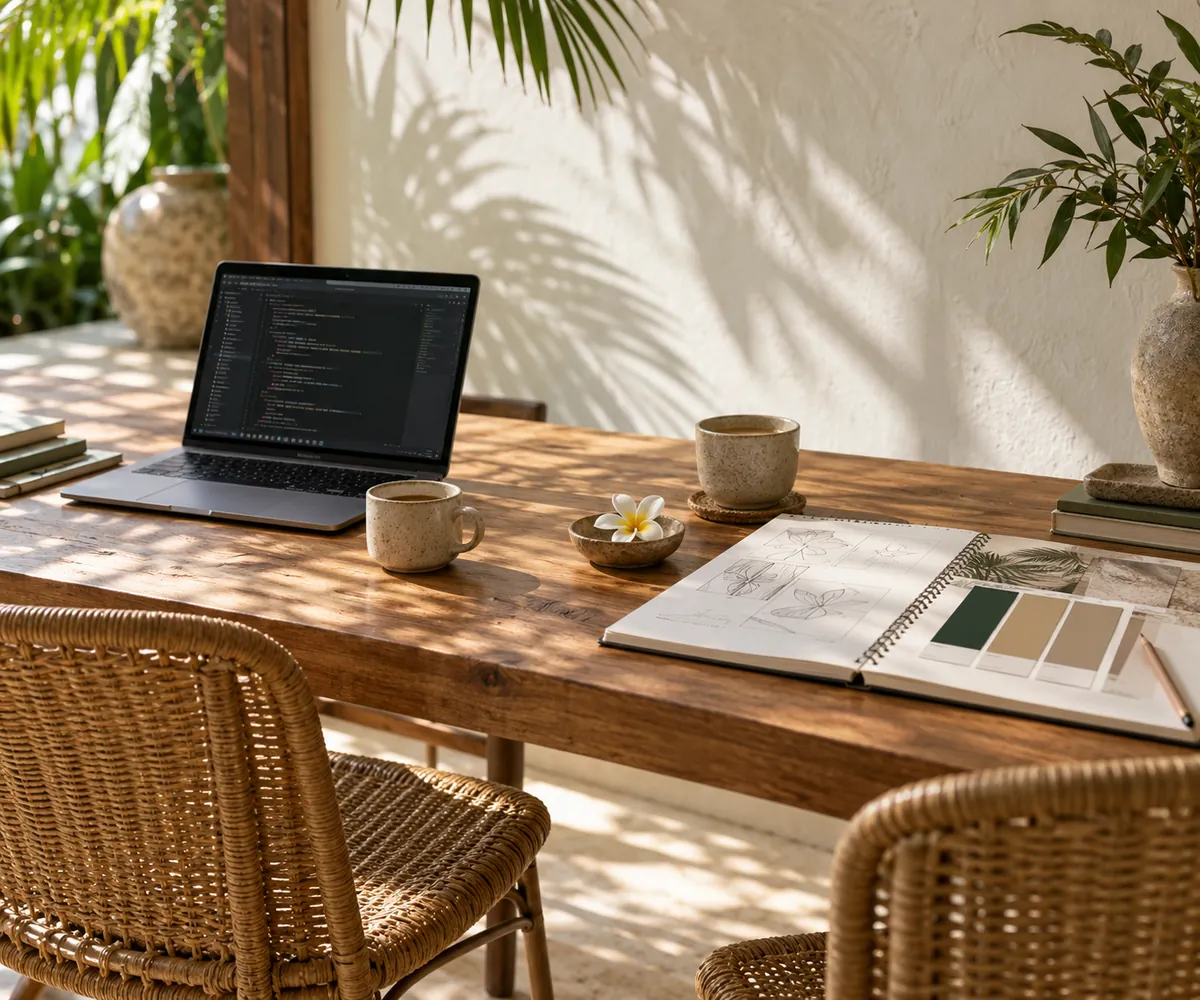 A shared teak desk in a Bali studio with two rattan chairs, an open laptop showing code and a sketchbook with logo sketches and colour swatches