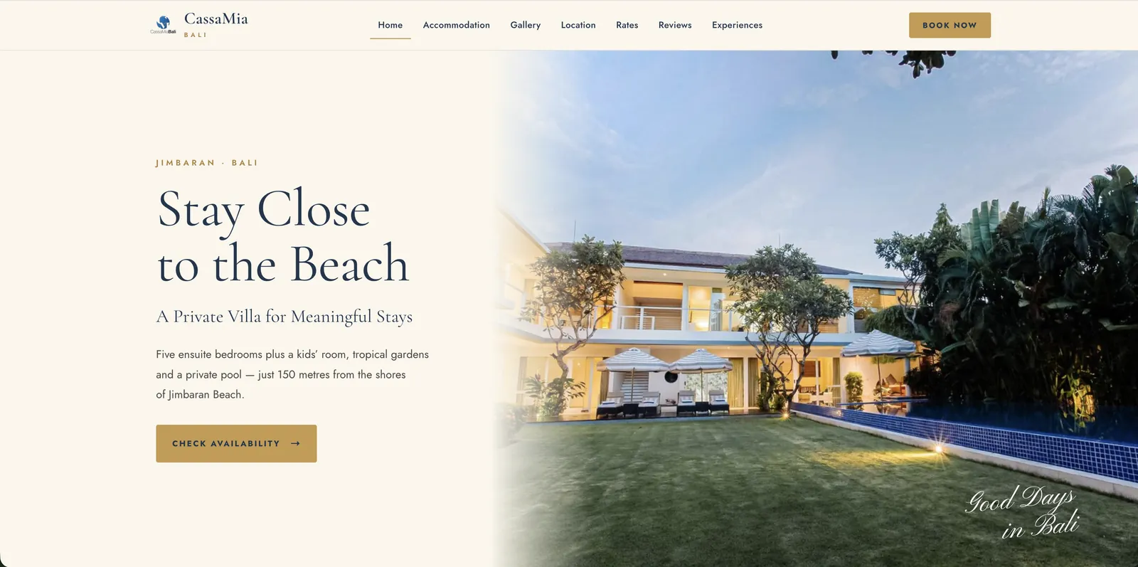 CassaMia Bali villa website, designed and built by AVEDIA, a web design and branding studio