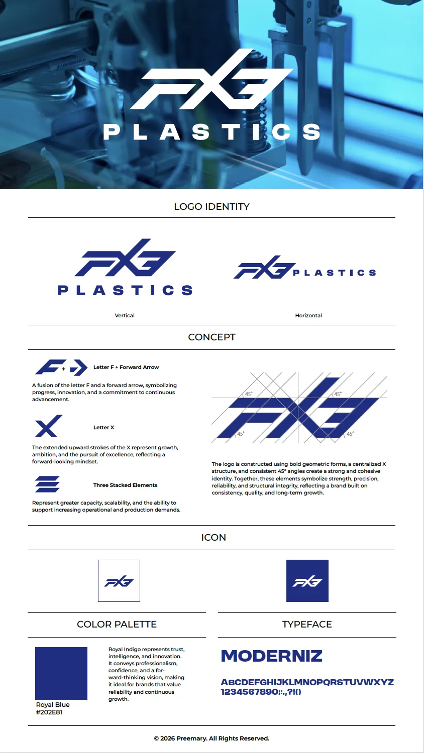 FX3 Plastics brand identity: logo, icon, colour palette and typeface
